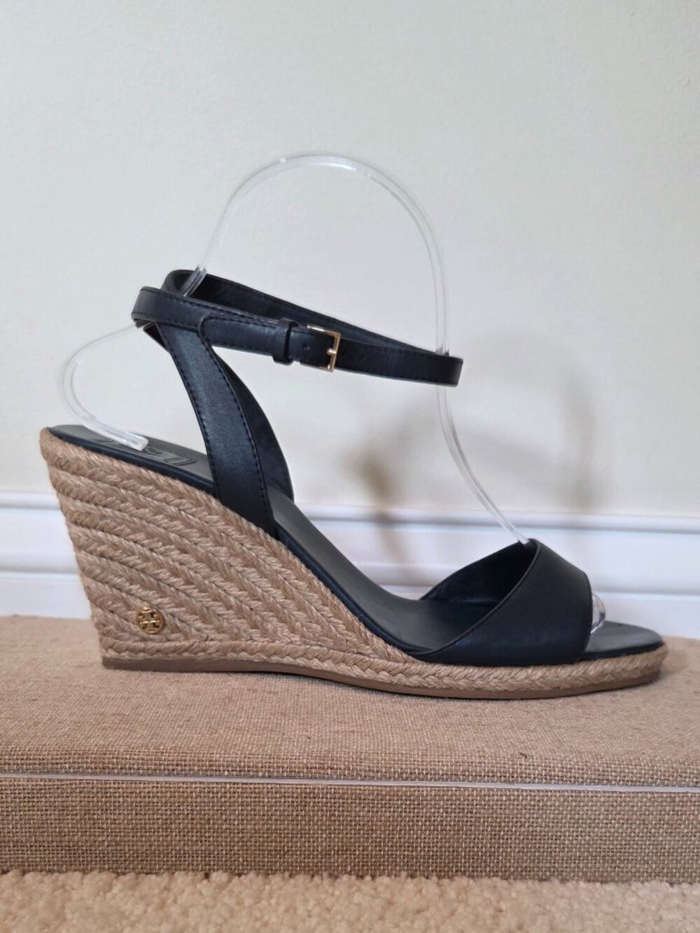 Tory Burch Navy Leather Espadrille Wedge Sandals